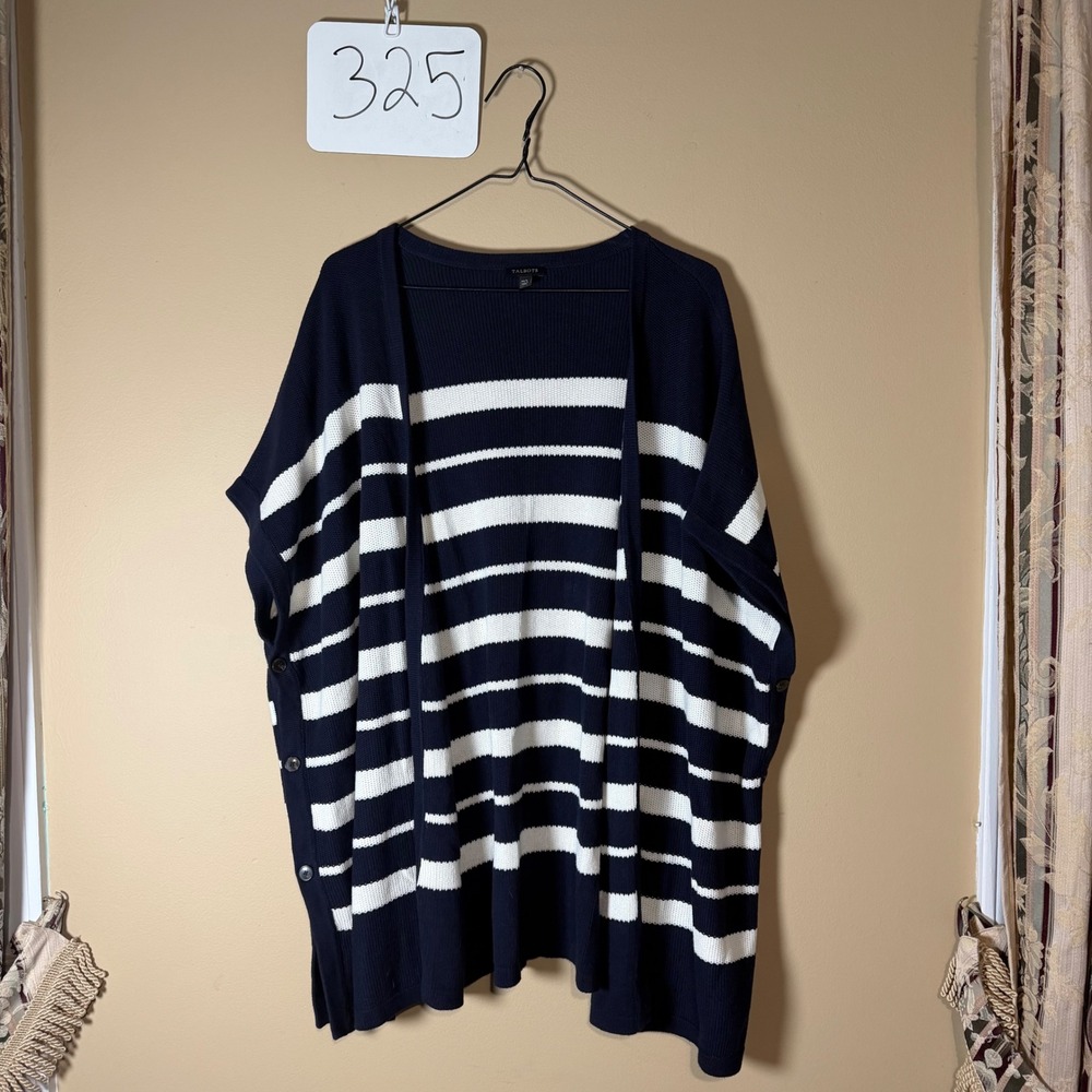 Talbots Navy Blue White Striped Cotton Poncho Sweater Side Button Cardigan M/L